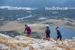 14.10.2023, Font-Romeu, France (FRA): Flora Dolci (FRA), Juliette Ducordeau (FRA), Liv Coupat (FRA), (l-r) - Cross-Country training, Font-Romeu (FRA). www.nordicfocus.com. © Authamayou/NordicFocus. Every downloaded picture is fee-liable.