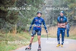 18.10.2023, Font-Romeu, France (FRA): Juliette Ducordeau (FRA), Alexandre Pouyé (FRA), Coach Team France, (l-r) - Cross-Country training, Font-Romeu (FRA). www.nordicfocus.com. © Authamayou/NordicFocus. Every downloaded picture is fee-liable.