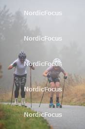 18.10.2023, Font-Romeu, France (FRA): Flora Dolci (FRA), Delphine Claudel (FRA), (l-r) - Cross-Country training, Font-Romeu (FRA). www.nordicfocus.com. © Authamayou/NordicFocus. Every downloaded picture is fee-liable.