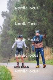 18.10.2023, Font-Romeu, France (FRA): Juliette Ducordeau (FRA), Alexandre Pouyé (FRA), Coach Team France, (l-r) - Cross-Country training, Font-Romeu (FRA). www.nordicfocus.com. © Authamayou/NordicFocus. Every downloaded picture is fee-liable.