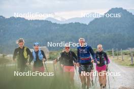 14.10.2023, Font-Romeu, France (FRA): Maelle Veyre (FRA), Eve Ondine Duchaufour (FRA), Julie Pierrel (FRA), Vincent Vittoz (FRA), Coach Team France, (l-r) - Cross-Country training, Font-Romeu (FRA). www.nordicfocus.com. © Authamayou/NordicFocus. Every downloaded picture is fee-liable.