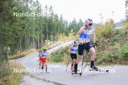 20.10.2023, Ramsau am Dachstein, Austria (AUT): Tobias Ganner (AUT), Lauri Lepistoe (FIN), Eero Rantala (FIN), (l-r) - Cross-Country summer training, Ramsau am Dachstein (AUT). www.nordicfocus.com. © Manzoni/NordicFocus. Every downloaded picture is fee-liable.