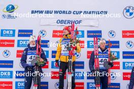 05.01.2024, Oberhof, Germany (GER): Sturla Holm Laegreid (NOR), Benedikt Doll (GER), Endre Stroemsheim (NOR), (l-r) - IBU World Cup Biathlon, sprint men, Oberhof (GER). www.nordicfocus.com. © Thibaut/NordicFocus. Every downloaded picture is fee-liable.