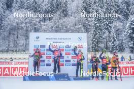 13.01.2024, Ruhpolding, Germany (GER): Tommaso Giacomel (ITA), Vetle Sjaastad Christiansen (NOR), Tarjei Boe (NOR), Emilien Jacquelin (FRA), Johannes Dale-Skjevdal (NOR), Justus Strelow (GER), (l-r) - IBU World Cup Biathlon, sprint men, Ruhpolding (GER). www.nordicfocus.com. © Thibaut/NordicFocus. Every downloaded picture is fee-liable.