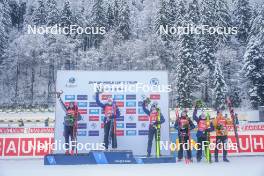 13.01.2024, Ruhpolding, Germany (GER): Tommaso Giacomel (ITA), Vetle Sjaastad Christiansen (NOR), Tarjei Boe (NOR), Emilien Jacquelin (FRA), Johannes Dale-Skjevdal (NOR), Justus Strelow (GER), (l-r) - IBU World Cup Biathlon, sprint men, Ruhpolding (GER). www.nordicfocus.com. © Thibaut/NordicFocus. Every downloaded picture is fee-liable.