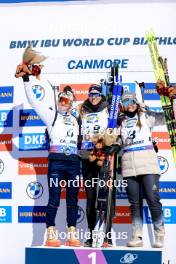 14.03.2024, Canmore, Canada (CAN): Lou Jeanmonnot (FRA), Lisa Vittozzi (ITA), Lena Haecki-Gross (SUI), (l-r) - IBU World Cup Biathlon, sprint women, Canmore (CAN). www.nordicfocus.com. © Manzoni/NordicFocus. Every downloaded picture is fee-liable.