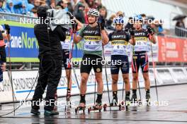 03.08.2024, Sandnes, Norway (NOR): Fabien Claude (FRA), Oscar Lombardot (FRA), Martin Nevland (NOR), (l-r) - BLINK24 Festival Biathlon - Sandnes (NOR). www.nordicfocus.com. © Manzoni/NordicFocus. Every downloaded picture is fee-liable.