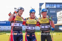 02.08.2024, Sandnes, Norway (NOR): Vetle Sjastad Christiansen (NOR), Vebjoern Soerum (NOR), Martin Uldal (NOR), (l-r) - BLINK24 Festival Biathlon - Sandnes (NOR). www.nordicfocus.com. © Manzoni/NordicFocus. Every downloaded picture is fee-liable.