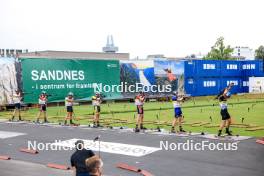 03.08.2024, Sandnes, Norway (NOR): Sondre Sangvik Nilsen (NOR), Isak Leknes Frey (NOR), Noah Lekal Husnes (NOR), Thomas Lyberg Lehn (NOR), Oliver Alm (NOR), Joergen Solhaug Sæter (NOR), Martin Nevland (NOR), (l-r) - BLINK24 Festival Biathlon - Sandnes (NOR). www.nordicfocus.com. © Manzoni/NordicFocus. Every downloaded picture is fee-liable.