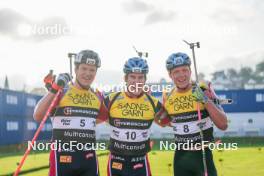 02.08.2024, Sandnes, Norway (NOR): Vetle Sjastad Christiansen (NOR), Vebjoern Soerum (NOR), Martin Uldal (NOR), (l-r) - BLINK24 Festival Biathlon - Sandnes (NOR). www.nordicfocus.com. © Nordnes/NordicFocus. Every downloaded picture is fee-liable.