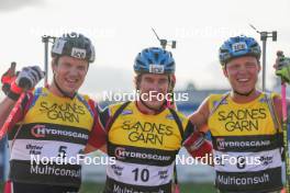 02.08.2024, Sandnes, Norway (NOR): Vetle Sjastad Christiansen (NOR), Vebjoern Soerum (NOR), Martin Uldal (NOR), (l-r) - BLINK24 Festival Biathlon - Sandnes (NOR). www.nordicfocus.com. © Nordnes/NordicFocus. Every downloaded picture is fee-liable.