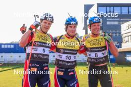 02.08.2024, Sandnes, Norway (NOR): Vetle Sjastad Christiansen (NOR), Vebjoern Soerum (NOR), Martin Uldal (NOR), (l-r) - BLINK24 Festival Biathlon - Sandnes (NOR). www.nordicfocus.com. © Manzoni/NordicFocus. Every downloaded picture is fee-liable.