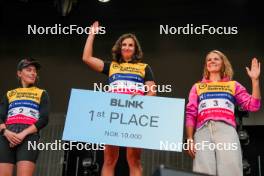 02.08.2024, Sandnes, Norway (NOR): Elvira Oeberg (SWE), Julia Simon (FRA), Karoline Offigstad Knotten (NOR), (l-r) - BLINK24 Festival Biathlon - Sandnes (NOR). www.nordicfocus.com. © Nordnes/NordicFocus. Every downloaded picture is fee-liable.