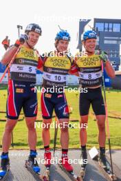 02.08.2024, Sandnes, Norway (NOR): Vetle Sjastad Christiansen (NOR), Vebjoern Soerum (NOR), Martin Uldal (NOR), (l-r) - BLINK24 Festival Biathlon - Sandnes (NOR). www.nordicfocus.com. © Manzoni/NordicFocus. Every downloaded picture is fee-liable.