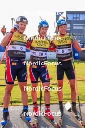 02.08.2024, Sandnes, Norway (NOR): Vetle Sjastad Christiansen (NOR), Vebjoern Soerum (NOR), Martin Uldal (NOR), (l-r) - BLINK24 Festival Biathlon - Sandnes (NOR). www.nordicfocus.com. © Manzoni/NordicFocus. Every downloaded picture is fee-liable.