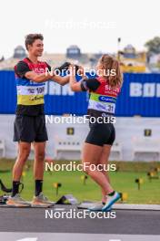 02.08.2024, Sandnes, Norway (NOR): Eric Perrot (FRA), Oda Stoeen Kolkinn (NOR), (l-r) - BLINK24 Festival Biathlon - Sandnes (NOR). www.nordicfocus.com. © Nordnes/NordicFocus. Every downloaded picture is fee-liable.