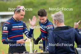 15.06.2024, Correncon-en-Vercors, France (FRA): Emilien Jacquelin (FRA), Eric Perrot (FRA), Jean-Pierre Amat (FRA), Olympic Champion and shooting coach Team France, (l-r) - Biathlon summer training, Correncon-en-Vercors (FRA). www.nordicfocus.com. © Joly/NordicFocus. Every downloaded picture is fee-liable.