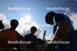 24.07.2024, Premanon, France (FRA): Emilien Claude (FRA), Valentin Lejeune (FRA), Antonin Guigonnat (FRA), (l-r) - Biathlon summer training, Premanon (FRA). www.nordicfocus.com. © Manzoni/NordicFocus. Every downloaded picture is fee-liable.