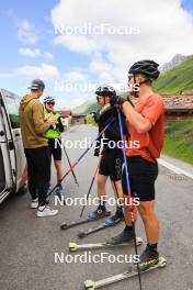 27.06.2024, Juf, Switzerland (SUI): Kein Einaste (EST), coach Team Switzerland, Sebastian Stalder (SUI), Gion Stalder (SUI), Joscha Burkhalter (SUI), (l-r) - Biathlon summer training, Juf (SUI). www.nordicfocus.com. © Manzoni/NordicFocus. Every downloaded picture is fee-liable.