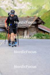 27.06.2024, Juf, Switzerland (SUI): Joscha Burkhalter (SUI), Sebastian Stalder (SUI), Gion Stalder (SUI), (l-r) - Biathlon summer training, Juf (SUI). www.nordicfocus.com. © Manzoni/NordicFocus. Every downloaded picture is fee-liable.