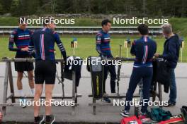 15.06.2024, Correncon-en-Vercors, France (FRA): Eric Perrot (FRA), Emilien Jacquelin (FRA), Quentin Fillon Maillet (FRA), Oscar Lombardot (FRA), Jean-Pierre Amat (FRA), Olympic Champion and shooting coach Team France, (l-r) - Biathlon summer training, Correncon-en-Vercors (FRA). www.nordicfocus.com. © Joly/NordicFocus. Every downloaded picture is fee-liable.