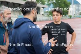 15.06.2024, Grenoble, France (FRA): Jean-Pierre Amat (FRA), Olympic Champion and shooting coach Team France, Simon Fourcade (FRA), Oscar Lombardot (FRA), (l-r) - Biathlon summer training, Grenoble (FRA). www.nordicfocus.com. © Joly/NordicFocus. Every downloaded picture is fee-liable.