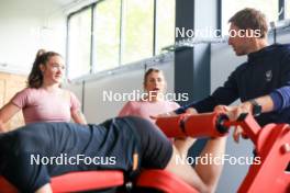 12.06.2024, Premanon, France (FRA): Lou Jeanmonnot (FRA), Justine Braisaz-Bouchet (FRA), Romain Hurtault (FRA), (l-r) - Biathlon summer training, Premanon (FRA). www.nordicfocus.com. © Manzoni/NordicFocus. Every downloaded picture is fee-liable.