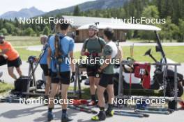 18.06.2024, Correncon-en-Vercors, France (FRA): Jean-Pierre Amat (FRA), Olympic Champion and shooting coach Team France, Eric Perrot (FRA), Fabien Claude (FRA), Oscar Lombardot (FRA), (l-r) - Biathlon summer training, Correncon-en-Vercors (FRA). www.nordicfocus.com. © Joly/NordicFocus. Every downloaded picture is fee-liable.