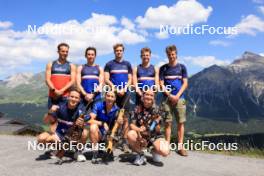 15.07.2024, Lenzerheide, Switzerland (SUI): Vincent Bonacci (USA), Bjorn Westervelt (USA), Vaclav Cervenka (USA), Nikolas Burkhart (USA), Deedra Irwin (USA), Maxime Germain (USA), Grace Castonguay (USA), Campbell Wright (NZL), (l-r) - Biathlon summer training, Lenzerheide (SUI). www.nordicfocus.com. © Manzoni/NordicFocus. Every downloaded picture is fee-liable.