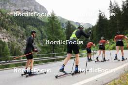 27.06.2024, Juf, Switzerland (SUI): Gion Stalder (SUI), Sebastian Stalder (SUI), Aita Gasparin (SUI), Elisa Gasparin (SUI), Joscha Burkhalter (SUI), (l-r) - Biathlon summer training, Juf (SUI). www.nordicfocus.com. © Manzoni/NordicFocus. Every downloaded picture is fee-liable.