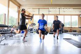 16.09.2024, Lenzerheide, Switzerland (SUI): Remi Broutier (FRA), Damien Levet (FRA), Emilien Claude (FRA), (l-r) - Biathlon summer training, Lenzerheide (SUI). www.nordicfocus.com. © Manzoni/NordicFocus. Every downloaded picture is fee-liable.