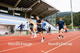 03.07.2024, Saint-Claude, France (FRA): Stephane Bouthiaux (FRA), Emilien Jacquelin (FRA), Eric Perrot (FRA), Fabien Claude (FRA), Oscar Lombardot (FRA), (l-r) - Biathlon summer training, Premanon (FRA). www.nordicfocus.com. © Manzoni/NordicFocus. Every downloaded picture is fee-liable.