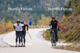 11.10.2024, Ramsau am Dachstein, Austria (AUT): Matthias Riebli (SUI), Silvano Demarmels (SUI), Daniel Hackhofer (ITA), coach Team Switzerland, (l-r) - Biathlon summer training, Dachsteinglacier, Ramsau am Dachstein (AUT). www.nordicfocus.com. © Manzoni/NordicFocus. Every downloaded picture is fee-liable.