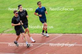 03.07.2024, Saint-Claude, France (FRA): Romain Hurtault (FRA), Eric Perrot (FRA), Oscar Lombardot (FRA), (l-r) - Biathlon summer training, Premanon (FRA). www.nordicfocus.com. © Manzoni/NordicFocus. Every downloaded picture is fee-liable.