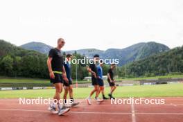 03.07.2024, Saint-Claude, France (FRA): Emilien Jacquelin (FRA), Oscar Lombardot (FRA), Eric Perrot (FRA), Fabien Claude (FRA), Romain Hurtault (FRA), (l-r) - Biathlon summer training, Premanon (FRA). www.nordicfocus.com. © Manzoni/NordicFocus. Every downloaded picture is fee-liable.