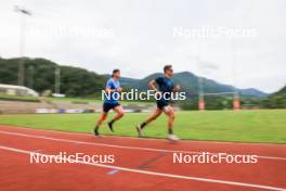 03.07.2024, Saint-Claude, France (FRA): Fabien Claude (FRA), Oscar Lombardot (FRA), (l-r) - Biathlon summer training, Premanon (FRA). www.nordicfocus.com. © Manzoni/NordicFocus. Every downloaded picture is fee-liable.