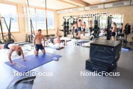 18.07.2024, Lenzerheide, Switzerland (SUI): Nikolas Burkhart (USA), Vincent Bonacci (USA), Maxime Germain (USA), Bjorn Westervelt (USA), Campbell Wright (NZL), Grace Castonguay (USA), (l-r) - Biathlon summer training, Lenzerheide (SUI). www.nordicfocus.com. © Manzoni/NordicFocus. Every downloaded picture is fee-liable.