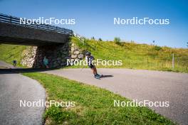 31.07.2024, Lavaze, Italy (ITA): Louis Deschamps (FRA), Emilien Claude (FRA), Antonin Guigonnat (FRA), (l-r)  - Biathlon summer training, Lavaze (ITA). www.nordicfocus.com. © Barbieri/NordicFocus. Every downloaded picture is fee-liable.