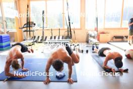 18.07.2024, Lenzerheide, Switzerland (SUI): Nikolas Burkhart (USA), Vincent Bonacci (USA), Maxime Germain (USA), (l-r) - Biathlon summer training, Lenzerheide (SUI). www.nordicfocus.com. © Manzoni/NordicFocus. Every downloaded picture is fee-liable.