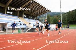 03.07.2024, Saint-Claude, France (FRA): Stephane Bouthiaux (FRA), Emilien Jacquelin (FRA), Eric Perrot (FRA), Fabien Claude (FRA), Oscar Lombardot (FRA), (l-r) - Biathlon summer training, Premanon (FRA). www.nordicfocus.com. © Manzoni/NordicFocus. Every downloaded picture is fee-liable.