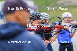 04.09.2024, Lenzerheide, Switzerland (SUI): Johannes Dale-Skjevdal (NOR), Siegfried Mazet (FRA) coach team Norway, (l-r) - Biathlon summer training, Lenzerheide (SUI). www.nordicfocus.com. © Manzoni/NordicFocus. Every downloaded picture is fee-liable.