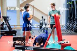 02.07.2024, Premanon, France (FRA): Oscar Lombardot (FRA), Romain Hurtault (FRA), Fabien Claude (FRA), (l-r) - Biathlon summer training, Premanon (FRA). www.nordicfocus.com. © Manzoni/NordicFocus. Every downloaded picture is fee-liable.