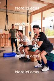 20.05.2024, Lenzerheide, Switzerland (SUI): Andreas Kuppelwieser (ITA), coach Team Switzerland, Joscha Burkhalter (SUI), Niklas Hartweg (SUI), (l-r) - Biathlon summer training, Lenzerheide (SUI). www.nordicfocus.com. © Manzoni/NordicFocus. Every downloaded picture is fee-liable.