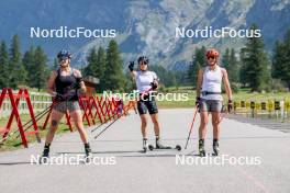 28.08.2024, Bessans, France (FRA): Lou Jeanmonnot (FRA), Oceane Michelon (FRA), Justine Braisaz-Bouchet (FRA), (l-r) - Biathlon summer training, Bessans (FRA). www.nordicfocus.com. © Authamayou/NordicFocus. Every downloaded picture is fee-liable.