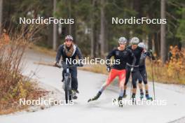 13.10.2024, Ramsau am Dachstein, Austria (AUT): Kein Einaste (EST), coach Team Switzerland, Sebastian Stalder (SUI), Joscha Burkhalter (SUI), Niklas Hartweg (SUI), (l-r) - Biathlon summer training, Ramsau am Dachstein (AUT). www.nordicfocus.com. © Manzoni/NordicFocus. Every downloaded picture is fee-liable.