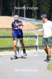 15.07.2024, Lenzerheide, Switzerland (SUI): Nikolas Burkhart (USA), Emil Bormetti (ITA), Coach Team USA, (l-r) - Biathlon summer training, Lenzerheide (SUI). www.nordicfocus.com. © Manzoni/NordicFocus. Every downloaded picture is fee-liable.