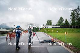 27.09.2024, Lavaze, Italy (ITA): Lukas Hofer (ITA), Jonne Kahkonen (FIN), coach Team Italy, Lisa Vittozzi (ITA), (l-r) - Biathlon summer training, Lavaze (ITA). www.nordicfocus.com. © Barbieri/NordicFocus. Every downloaded picture is fee-liable.