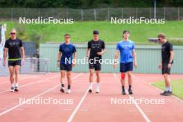 03.07.2024, Saint-Claude, France (FRA): Emilien Jacquelin (FRA), Oscar Lombardot (FRA), Eric Perrot (FRA), Fabien Claude (FRA), Romain Hurtault (FRA), (l-r) - Biathlon summer training, Premanon (FRA). www.nordicfocus.com. © Manzoni/NordicFocus. Every downloaded picture is fee-liable.