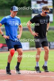 03.07.2024, Saint-Claude, France (FRA): Fabien Claude (FRA), Romain Hurtault (FRA), (l-r) - Biathlon summer training, Premanon (FRA). www.nordicfocus.com. © Manzoni/NordicFocus. Every downloaded picture is fee-liable.