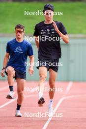 03.07.2024, Saint-Claude, France (FRA): Oscar Lombardot (FRA), Eric Perrot (FRA), (l-r) - Biathlon summer training, Premanon (FRA). www.nordicfocus.com. © Manzoni/NordicFocus. Every downloaded picture is fee-liable.